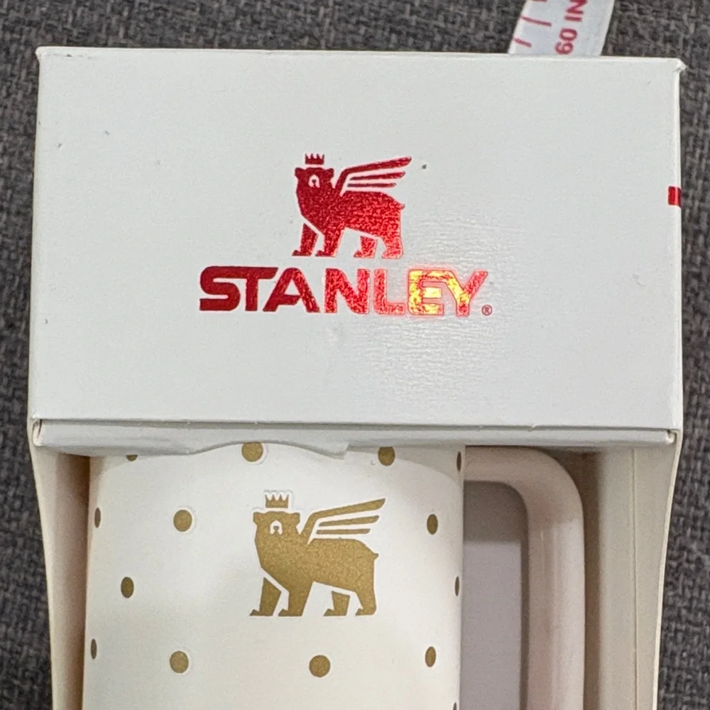 Stanley White Ornament Keychain Tumbler with Gold Polka Dots and Red Strap - Picture 2 of 4